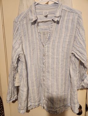 Sigrid Olsen Pale Blue and White Linen Striped Button-Up Tunic Sz 2X B:50"